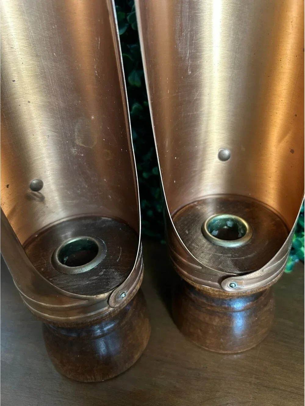 Vintage 1970s Copper Reflector Wall Sconces Candle Holders Wood Pair